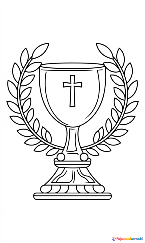 kolorowanka religijna z kielichem i gałązkami laurowymi do pokolorowania dla dzieci - kolorowanki komunia świeta