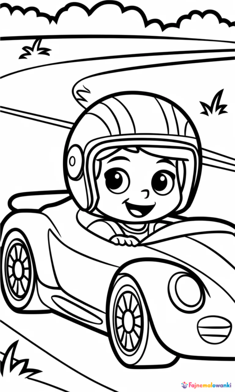 Kolorowanka z małym kierowcą wyścigowym w sportowym samochodzie na torze wyścigowym