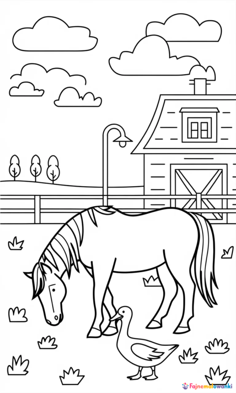 kolorowanka dla dzieci przedstawiająca konia i gęś na farmie z stodołą w tle do wydruku - kolorowanki farma i wieś