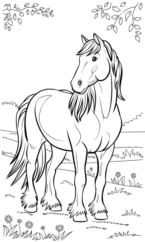 kolorowanka do druku z dużym koniem pociągowym stojącym na łące pod drzewami