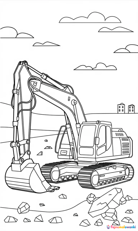 kolorowanka dla dzieci z koparką gąsienicową na placu budowy