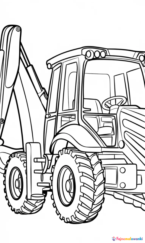 kolorowanka dla dzieci przedstawiająca koparkę-ładowarkę do pokolorowania