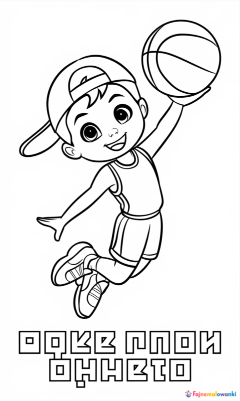 Kolorowanka koszykówki dla dzieci z wesołym małym sportowcem skaczącym z piłką - kolorowanki blaze i megamaszyny