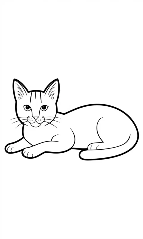 kolorowanka dla dzieci przedstawiająca kota w pozycji leżącej