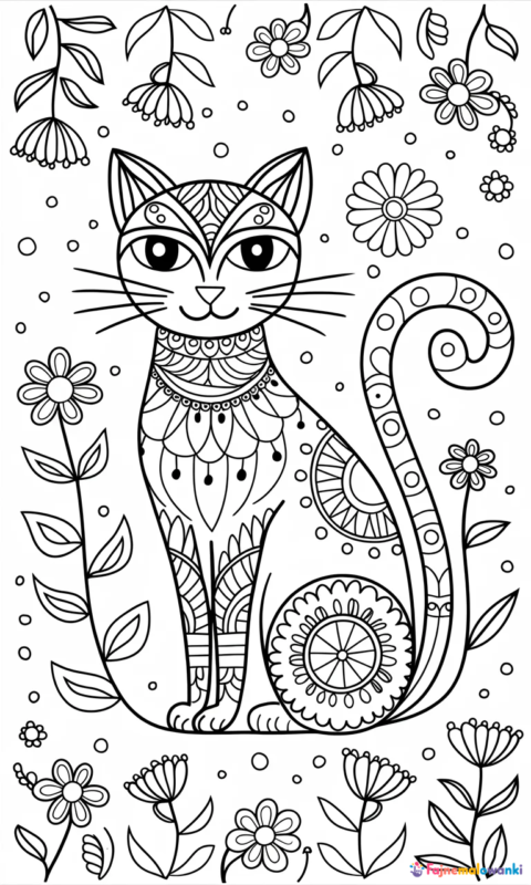 kolorowanka dla dzieci z ozdobnym kotem w kwiatowym ogrodzie
