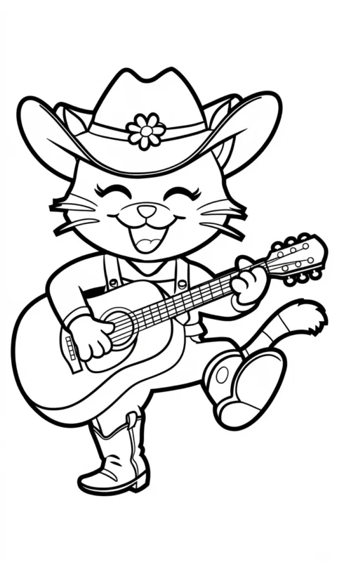 Kolorowanka dla dzieci z wesołym kotem muzykantem w kapeluszu kowbojskim grającym na gitarze - spongebob kanciastoporty kolorowanki