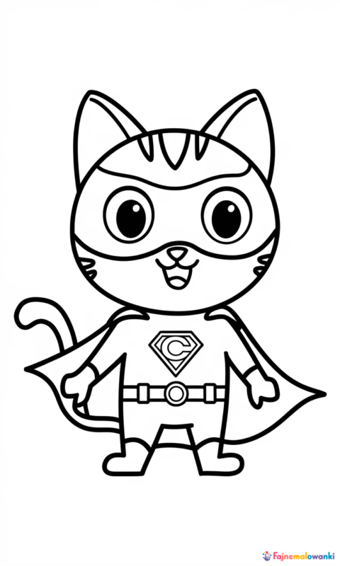 kolorowanka dla dzieci przedstawiająca wesołego kota superbohatera z literą C na piersi do pokolorowania - kolorowanki poppy playtime