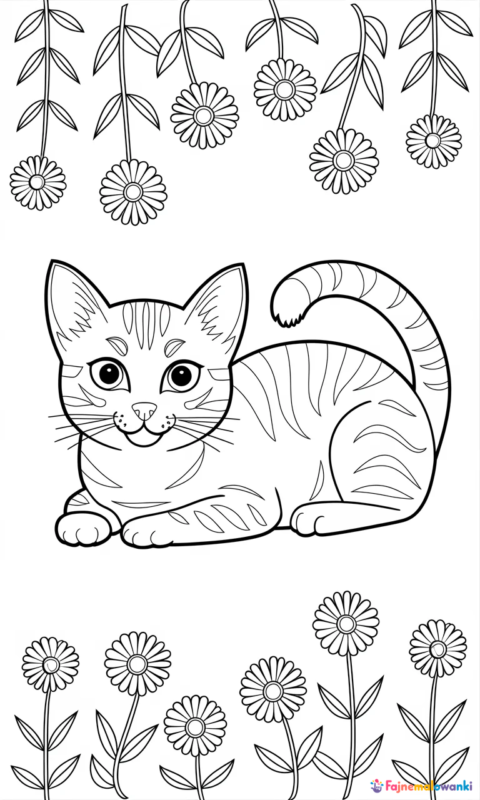 kolorowanka dla dzieci z kotem domowym w ogrodzie kwiatowym