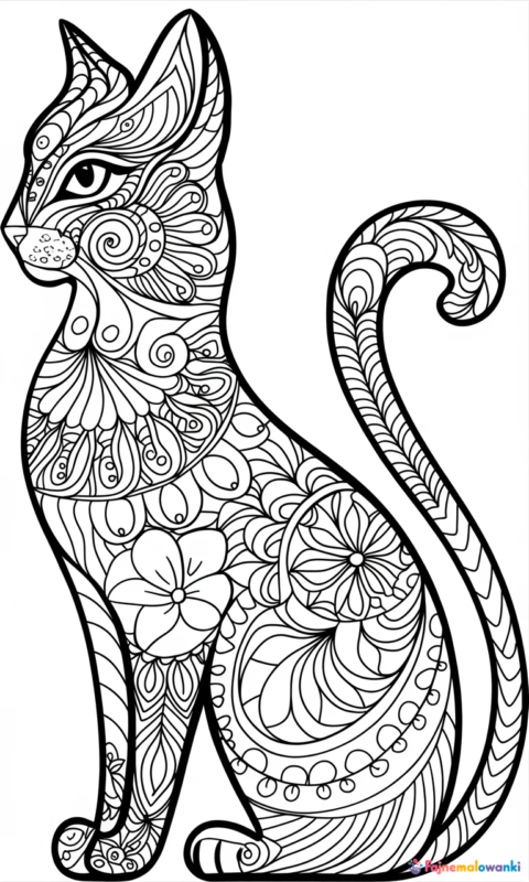 kolorowanka dla dzieci przedstawiająca ozdobnego kota z kwiatowymi wzorami do kolorowania - kolorowanki koty