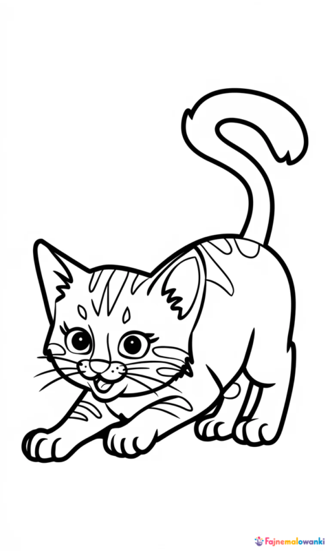 kolorowanka dla dzieci przedstawiająca uroczego kotka w pozie do zabawy