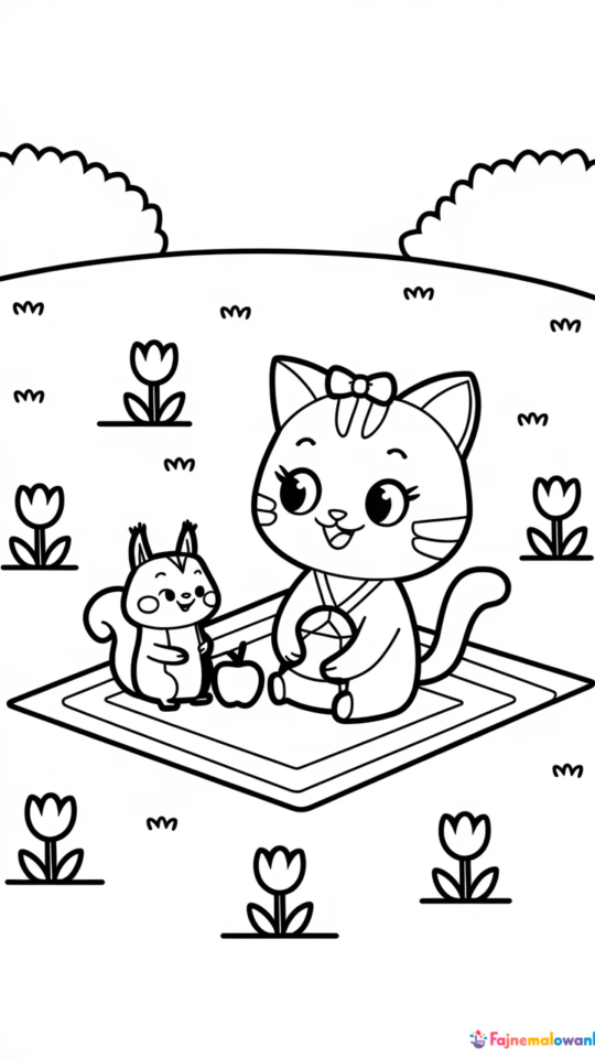 Kolorowanka: Hello Kitty na pikniku z wiewiórką do druku