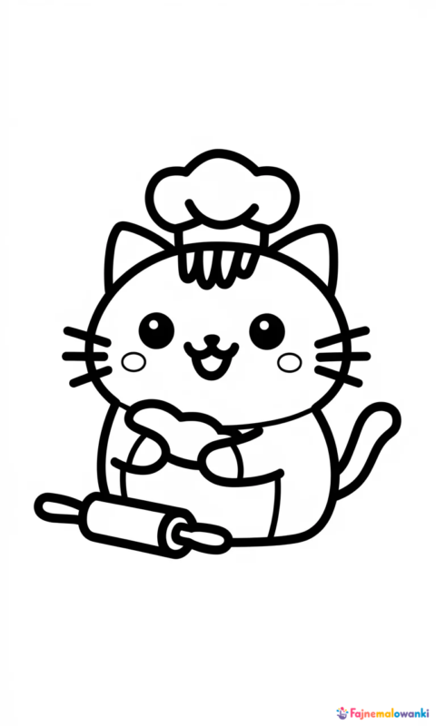 kolorowanka dla dzieci z uroczym kotkiem kucharzem w czapce szefa kuchni podczas pieczenia