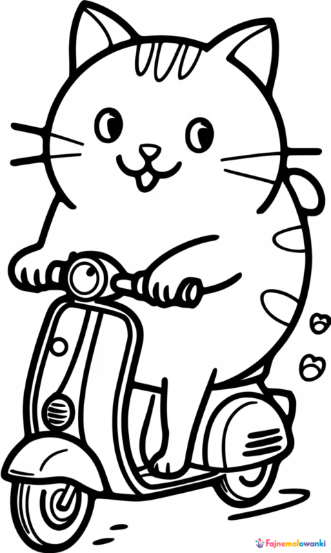 Kolorowanka dla dzieci z uroczym kotkiem na hulajnodze