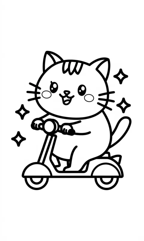 kolorowanka dla dzieci z uroczym kotkiem na hulajnodze