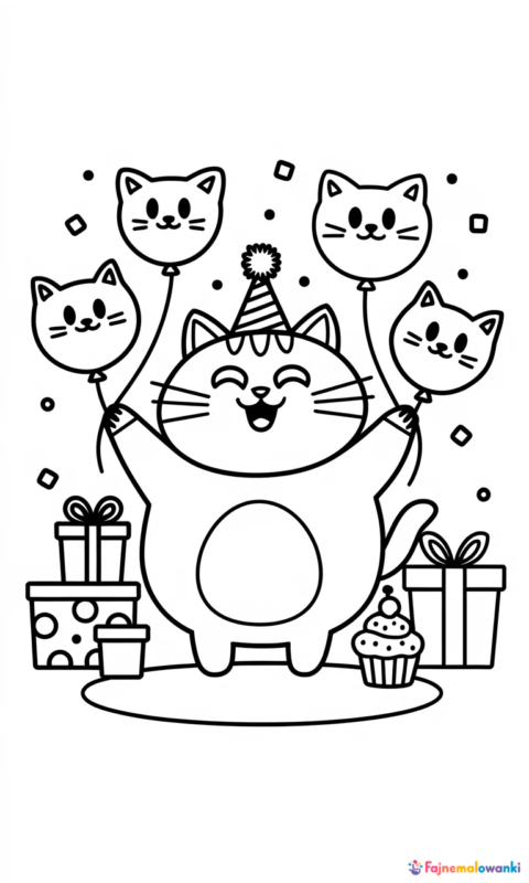 kolorowanka dla dzieci z wesołym kotkiem na przyjęciu urodzinowym