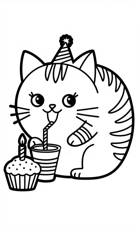kolorowanka dla dzieci przedstawiająca uroczego kotka pijącego napój przez słomkę obok urodzinowej babeczki - kolorowanki pusheen