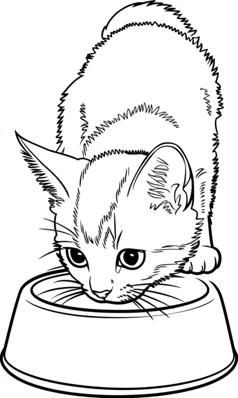 kolorowanka dla dzieci przedstawiająca małego kotka przy misce