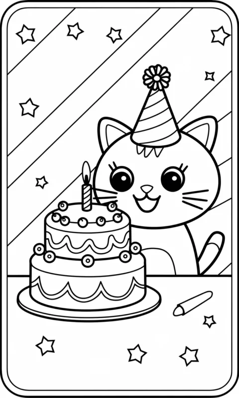 kolorowanka urodzinowa dla dzieci z kotkiem w czapeczce i tortem urodzinowym