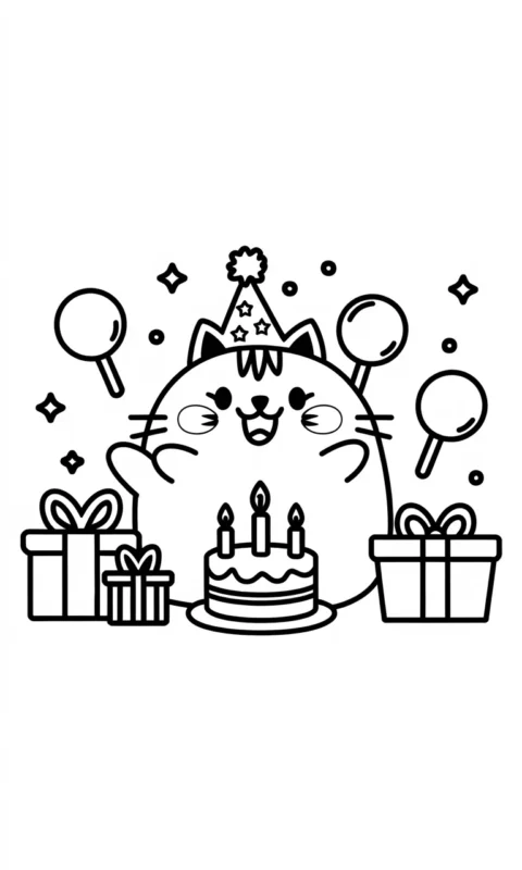 kolorowanka dla dzieci z uroczym kotkiem na przyjęciu urodzinowym