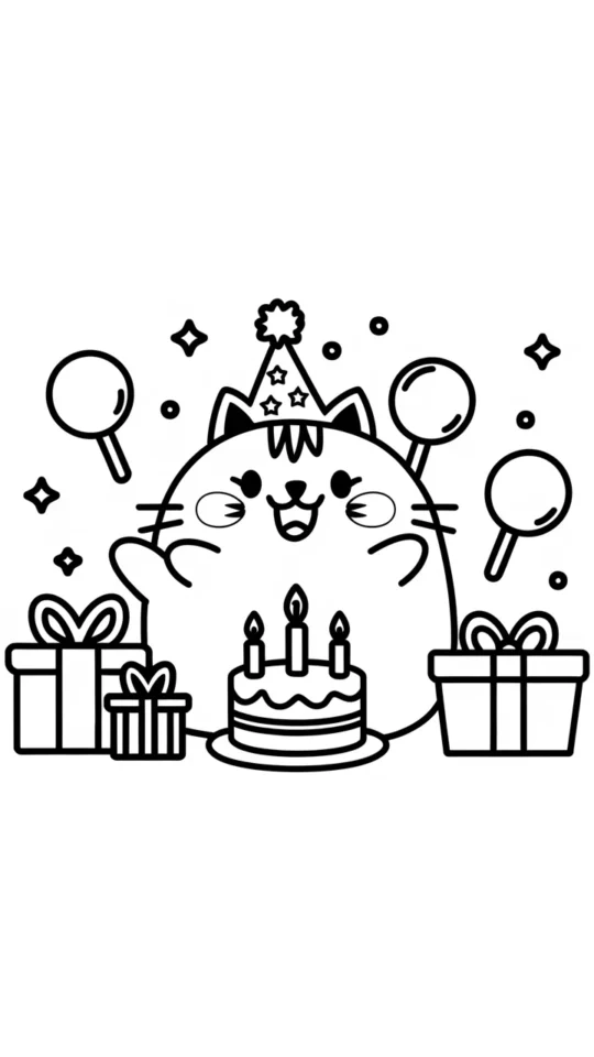 Kolorowanka urodzinowa z kotem Pusheen do druku dla dzieci