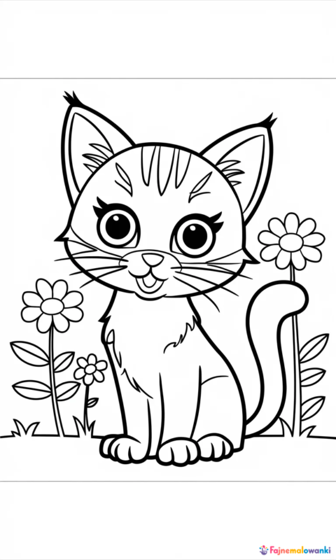 kolorowanka dla dzieci z uroczym kotkiem w ogrodzie