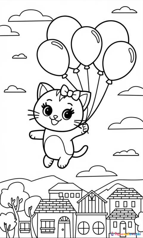 kolorowanka dla dzieci z kotkiem unoszącym się na balonach nad miasteczkiem