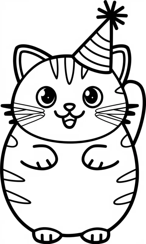 kolorowanka dla dzieci z uroczym kotkiem trzymającym czapeczkę urodzinową