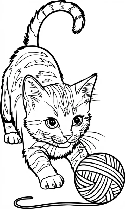 kolorowanka z figlarnym kotkiem bawiącym się kłębkiem włóczki