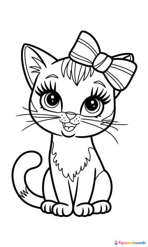 Kolorowanka dla dzieci przedstawiająca uroczego kotka z kokardką