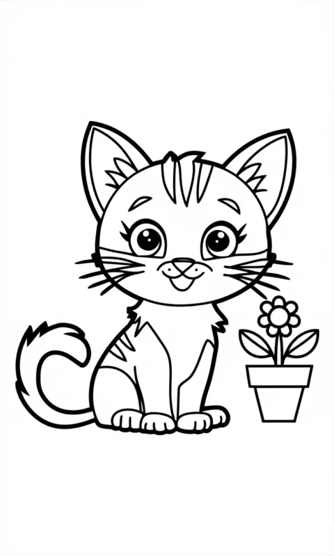 Kolorowanka dla dzieci z uroczym kotkiem i kwiatkiem w doniczce