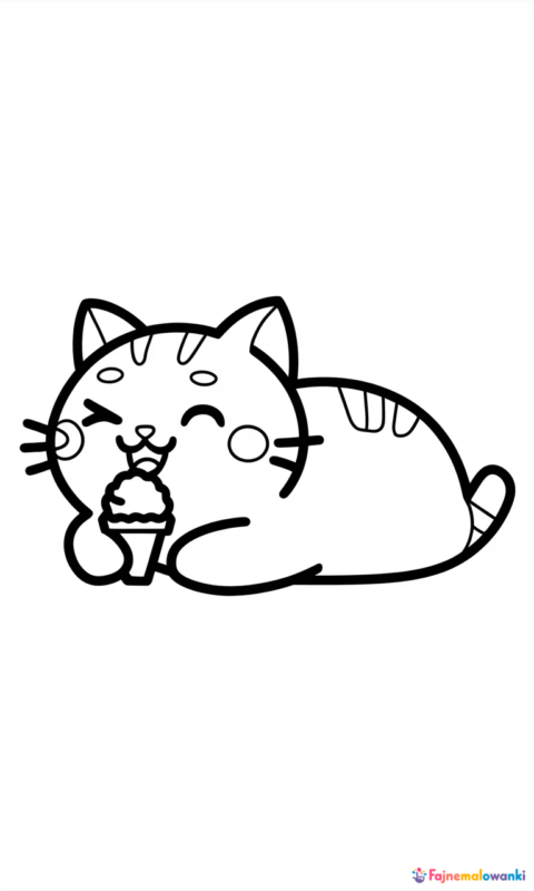 kolorowanka dla dzieci z uroczym kotkiem jedzącym lody