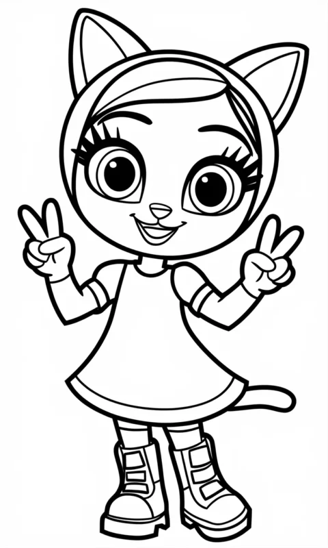 kolorowanka dla dzieci przedstawiająca uroczą kotkę w sukience pokazującą gest zwycięstwa