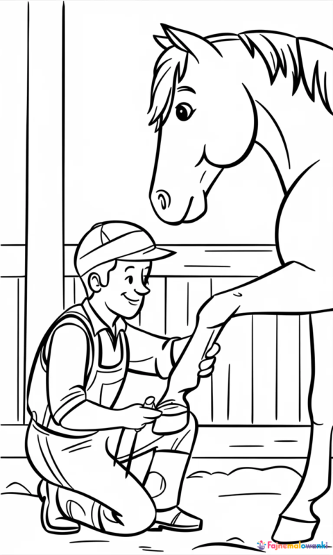 kolorowanka dla dzieci przedstawiająca kowala przy pracy z koniem w stajni