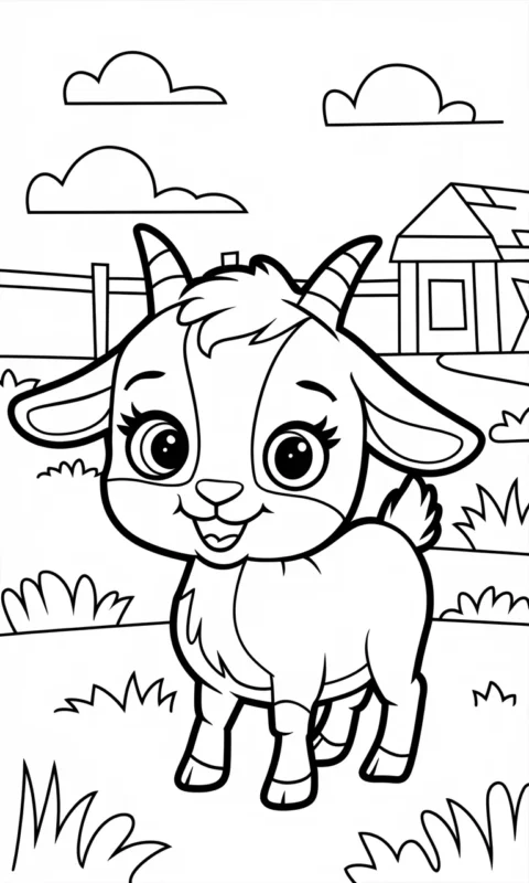 kolorowanka dla dzieci przedstawiająca uśmiechniętą koziołka na farmie