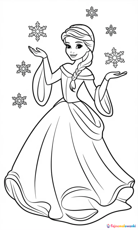 kolorowanka dla dzieci przedstawiająca magiczną królewnę tworzącą śnieżynki
