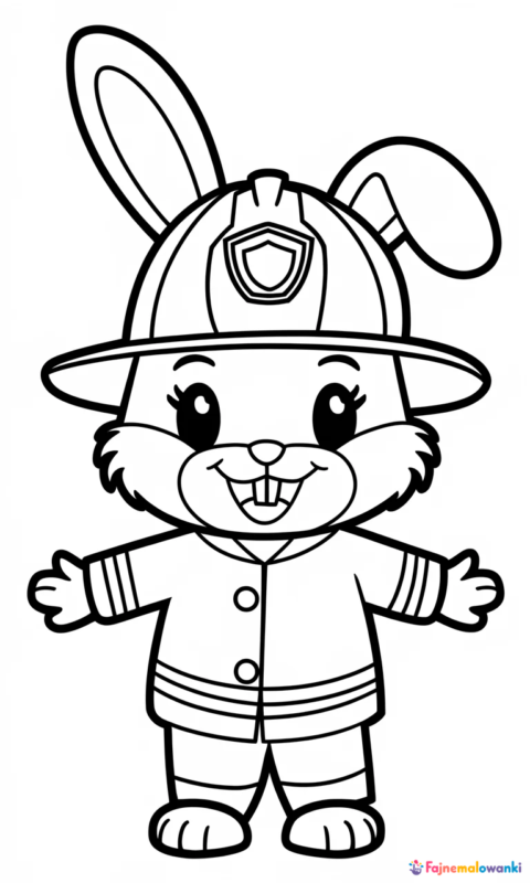 kolorowanka dla dzieci przedstawiająca króliczka strażaka w uniformie i hełmie do pokolorowania - kolorowanki świnka peppa