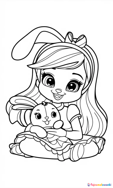 Kolorowanka dla dzieci przedstawiająca uroczą króliczkę z maskotką