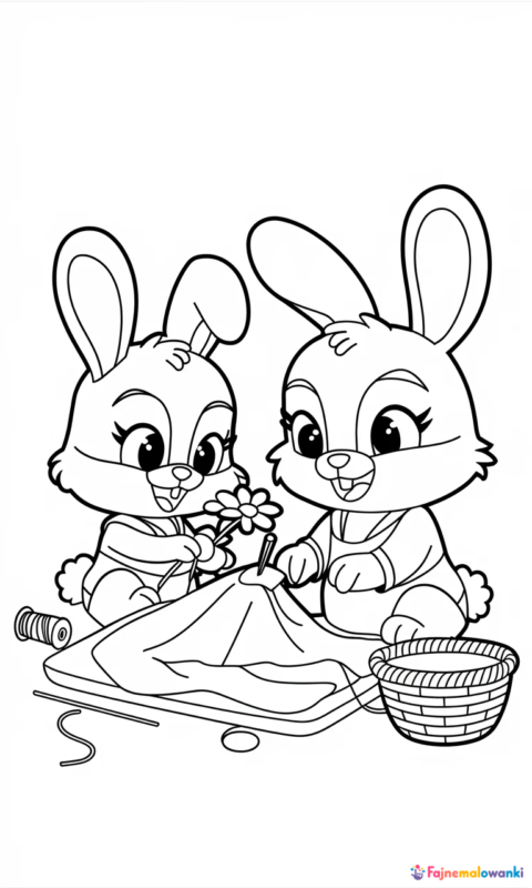 kolorowanka dla dzieci przedstawiająca króliczki przy szyciu i majsterkowaniu