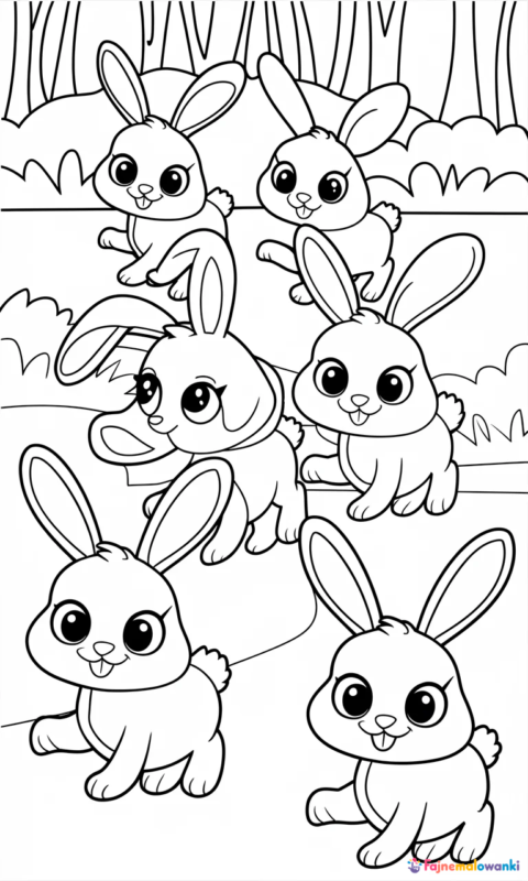 Kolorowanka dla dzieci przedstawiająca pięć małych króliczków skaczących w lesie