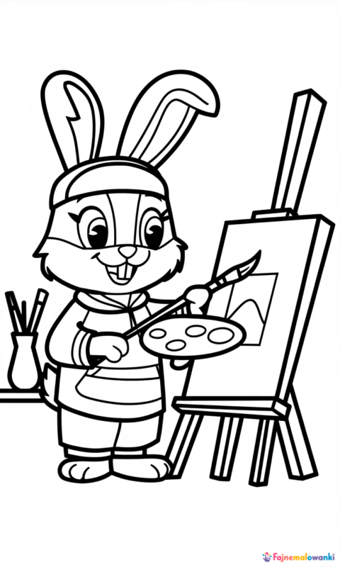 kolorowanka dla dzieci przedstawiająca królika artystę malującego obraz przy sztaludze