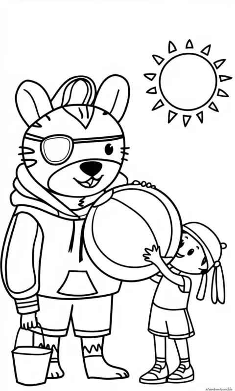 kolorowanka dla dzieci przedstawiająca zabawną scenę z królikiem i dzieckiem bawiących się piłką plażową w słoneczny dzień - kolorowanki bing