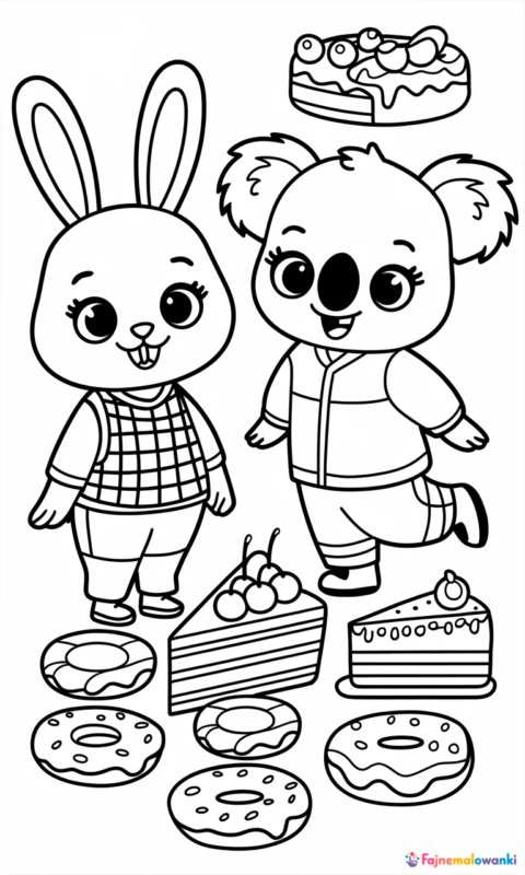 kolorowanka dla dzieci z uroczym królikiem i koalą oraz słodyczami