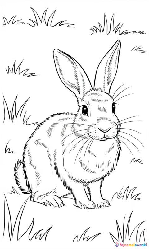 Kolorowanka dla dzieci z królikiem polnym siedzącym w trawie