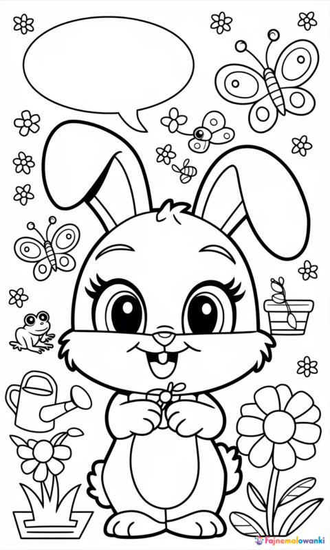 kolorowanka dla dzieci z małym królikiem w ogrodzie