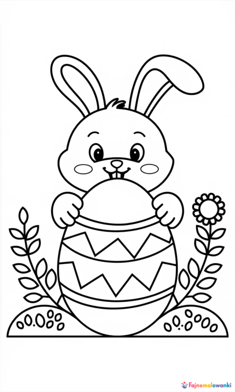 Kolorowanka wielkanocna z uroczym króliczkiem wyglądającym zza dużego ozdobnego jajka