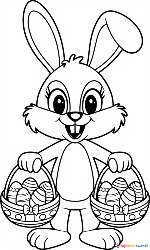 kolorowanka wielkanocna z królikiem trzymającym koszyczki z pisankami