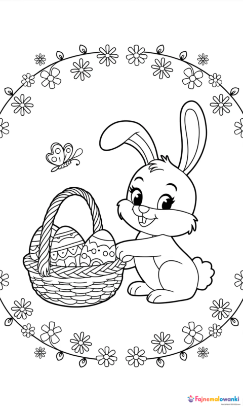 kolorowanka wielkanocna z królikiem i koszyczkiem pisanek w wianku kwiatowym do pokolorowania dla dzieci - kolorowanki wielkanocne