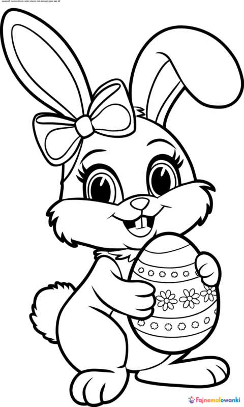 Kolorowanka wielkanocna z uroczym królikiem trzymającym ozdobne jajko