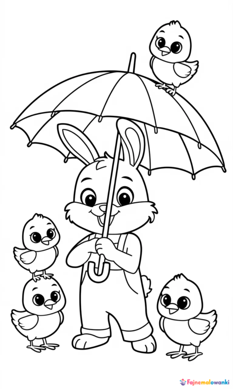 kolorowanka dla dzieci z królikiem trzymającym parasol i trzema kurczaczkami do pokolorowania - kolorowanki wielkanocne