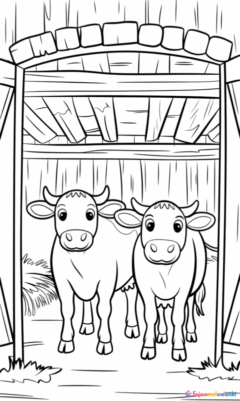 kolorowanka dla dzieci przedstawiająca krowy w stodole